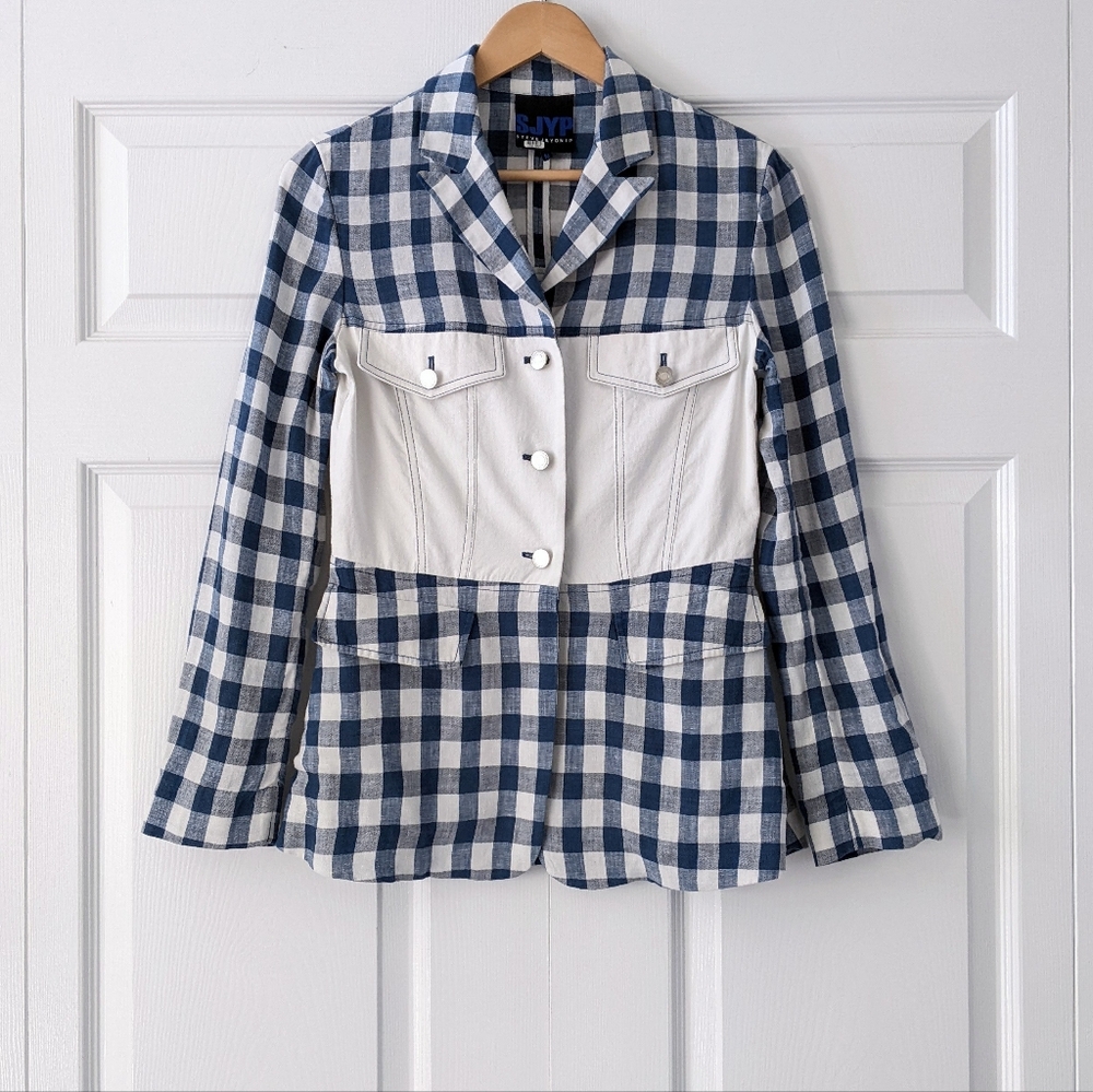 SJYP Steve J & Yoni P Blue Gingham Plaid Linen Bustier Blazer Top | Size M